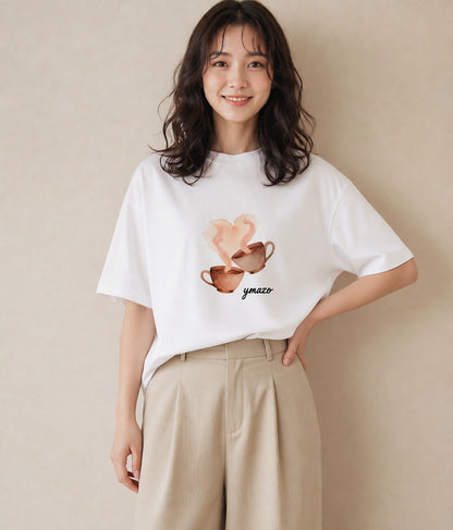 プリントTシャツ レディース コーヒー 珈琲 カフェ 食べ物 フード イラスト レトロ 旅行 母娘コーデ 白T YMAZO