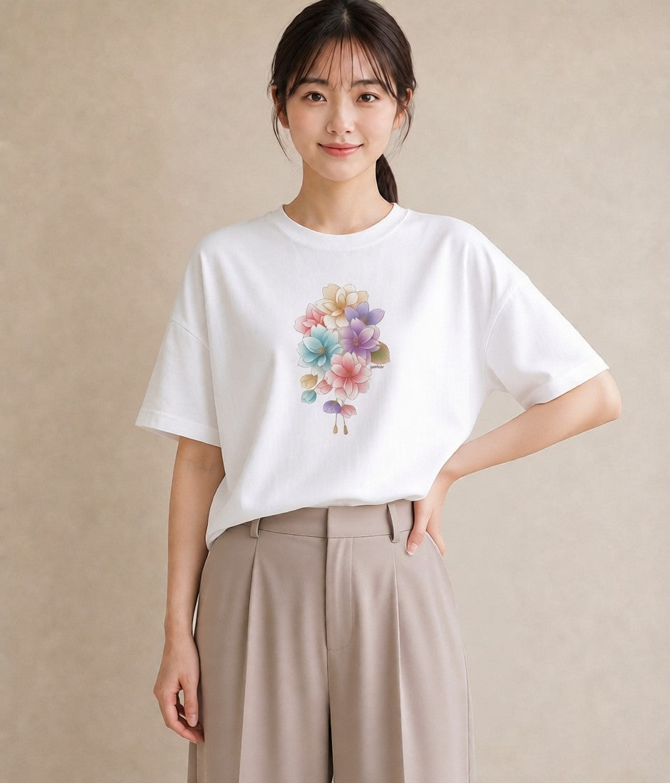 グラフィックTシャツ レディース 花 花柄 イラスト ガーリー 女性向けギフト 散歩 白T YMAZO