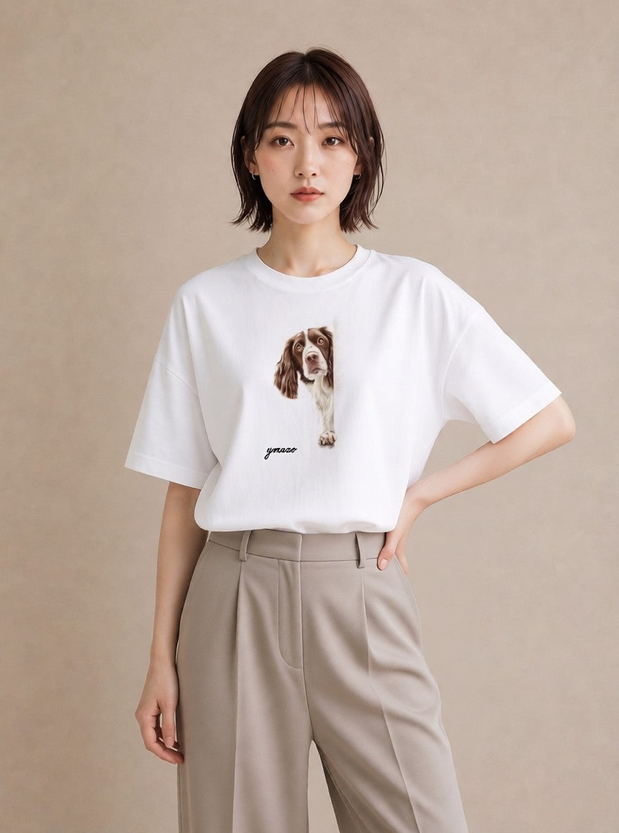 半袖Tシャツ レディース 犬 いぬ イラスト 手描き風 散歩 お出かけ 白T YMAZO