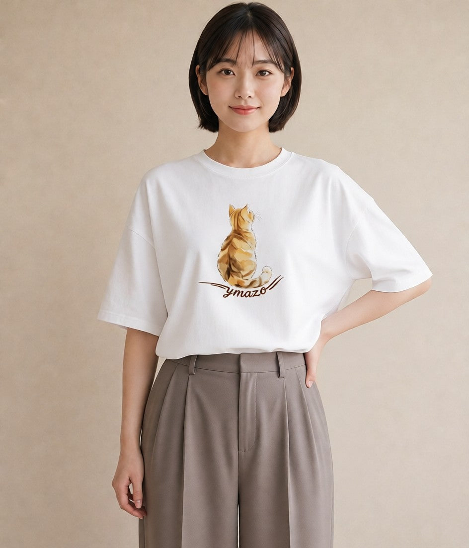 半袖Tシャツ レディース サバトラ 猫 ねこ イラスト ラフ デイリーウェア 休日 白T YMAZO