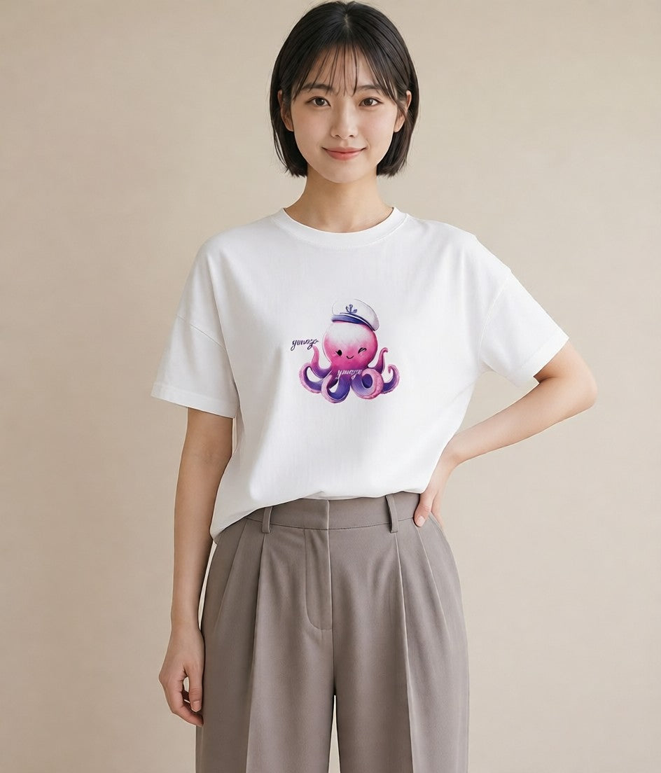 デザインTシャツ レディース タコ 海の生き物 海 イラスト カフェコーデ 休日 ペアコーデ 白T YMAZO
