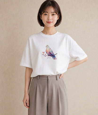プリントTシャツ レディース ボタンインコ ペット 動物 イラスト こなれ感 ホワイトデー 春服 白T YMAZO