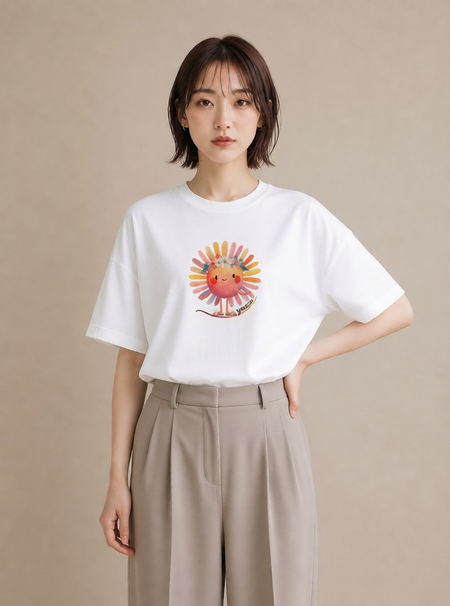 半袖Tシャツ レディース 太陽 星空 宇宙 イラスト シック 通学 誕生日プレゼント 白T YMAZO