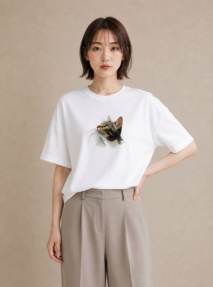 グラフィックTシャツ レディース 猫 ねこ イラスト 北欧風 旅行用 海 白T YMAZO