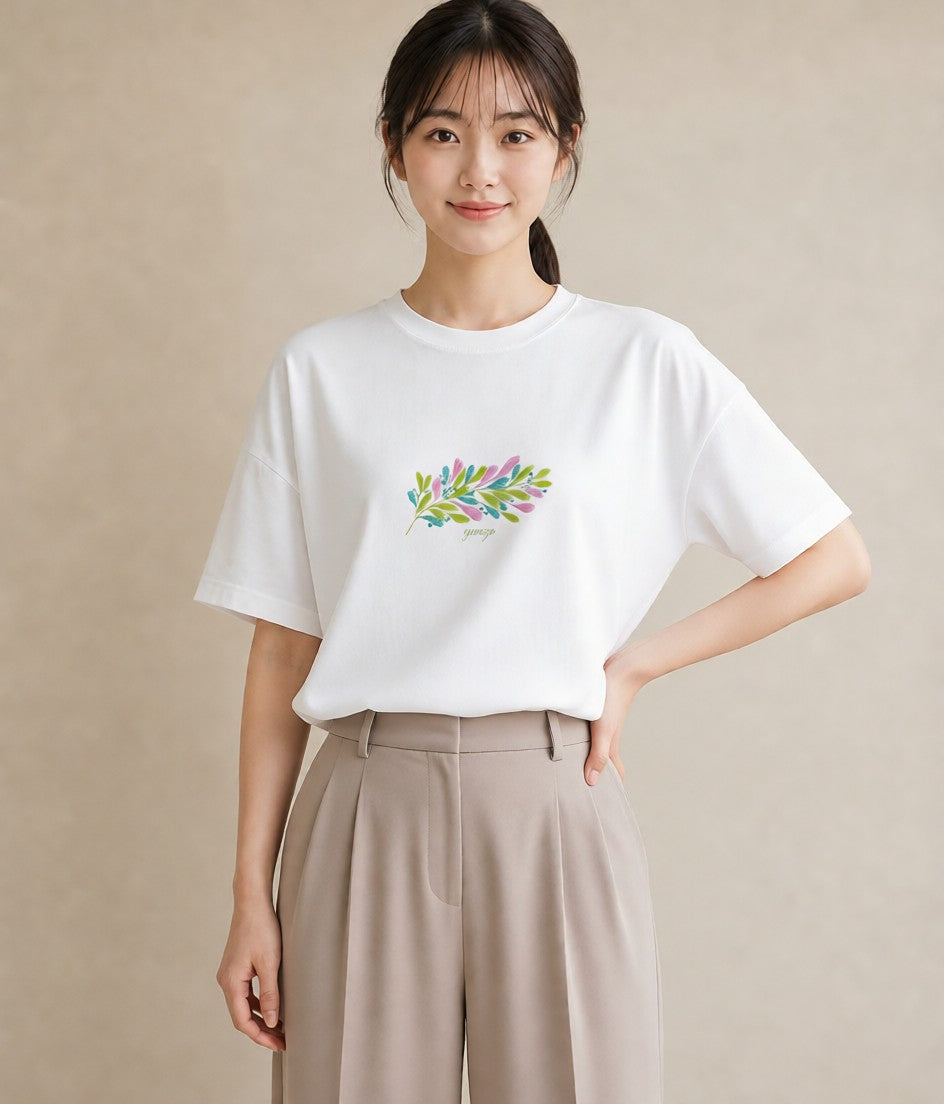 グラフィックTシャツ レディース シダ 植物 ボタニカル イラスト 個性的 デート 帰省 白T YMAZO