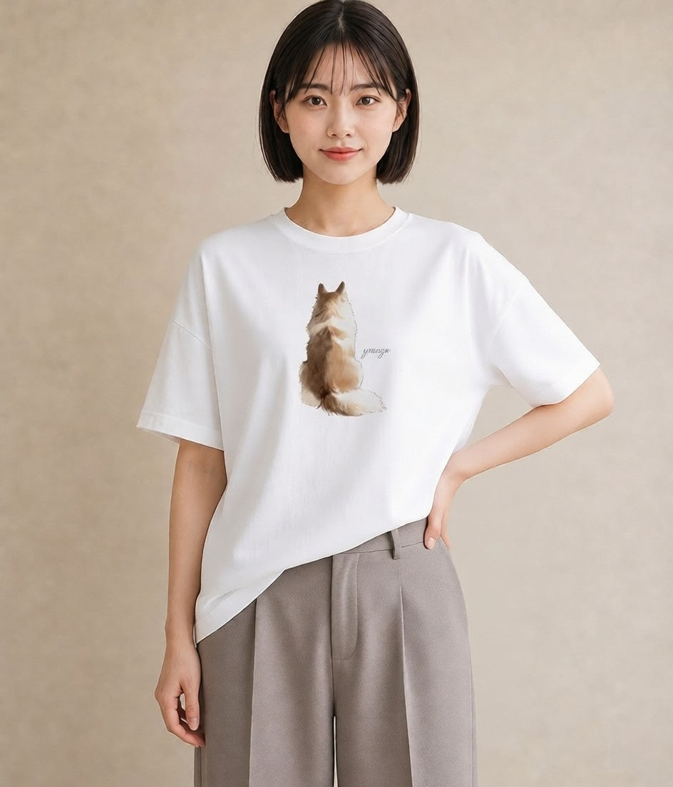 グラフィックTシャツ レディース 愛猫 猫 ねこ イラスト 上品 20代 カジュアルコーデ 白T YMAZO