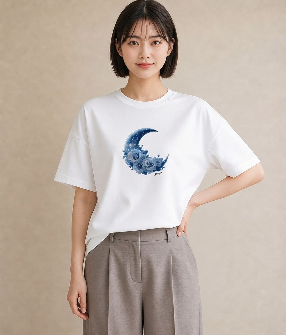 半袖Tシャツ レディース 月 星空 宇宙 イラスト お洒落 春服 ミセス 白T YMAZO