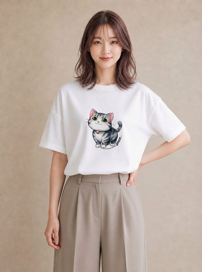 プリントTシャツ レディース キジトラ 猫 ねこ イラスト ボタニカル 春コーデ 姉妹 白T YMAZO