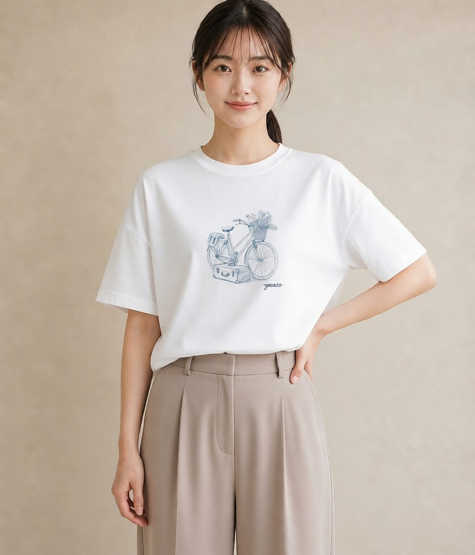 プリントTシャツ レディース 自転車のかご 自転車 花かご ナチュラル アンティーク イラスト 線画 通勤 在宅 白T YMAZO
