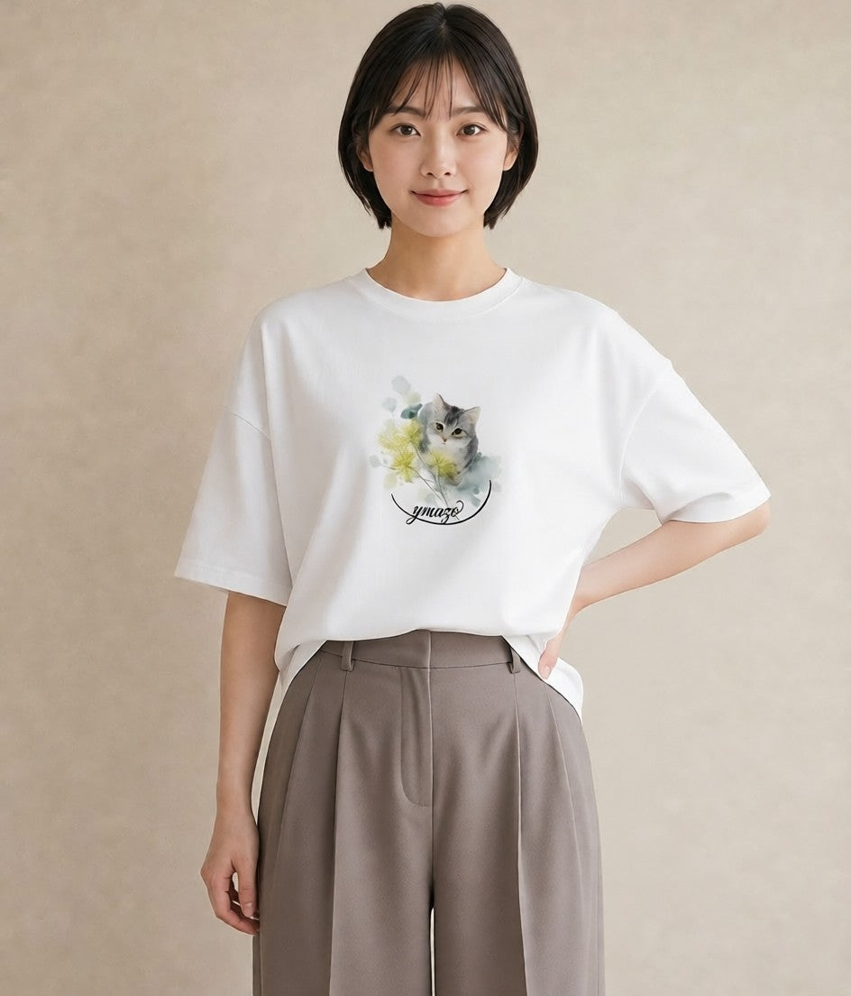 半袖Tシャツ レディース ペルシャ 猫 ねこ イラスト ミニマル カジュアルコーデ 買い物 白T YMAZO