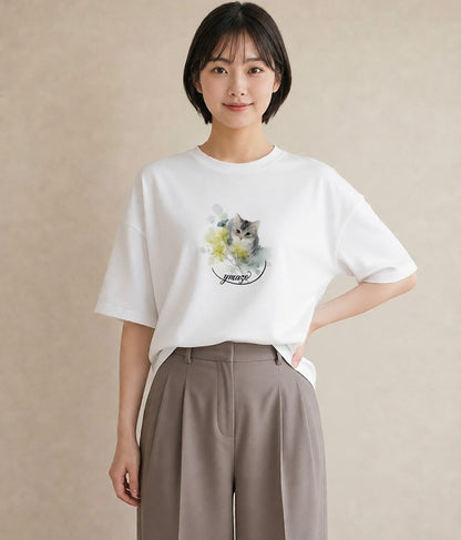 半袖Tシャツ レディース ペルシャ 猫 ねこ イラスト ミニマル カジュアルコーデ 買い物 白T YMAZO