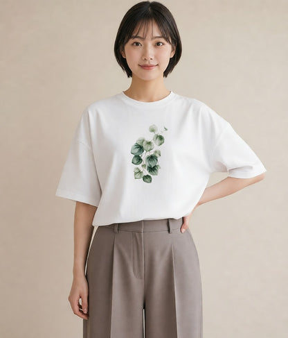 デザインTシャツ レディース つる 植物 ボタニカル イラスト ガーリー ラフ レイヤード 白T YMAZO