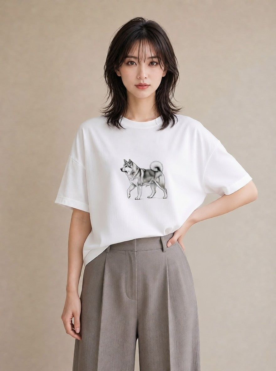 半袖Tシャツ レディース 秋田犬 犬 いぬ イラスト 韓国風 散歩 お出かけ 白T YMAZO