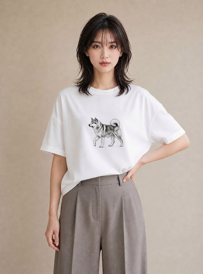 半袖Tシャツ レディース 秋田犬 犬 いぬ イラスト 韓国風 散歩 お出かけ 白T YMAZO