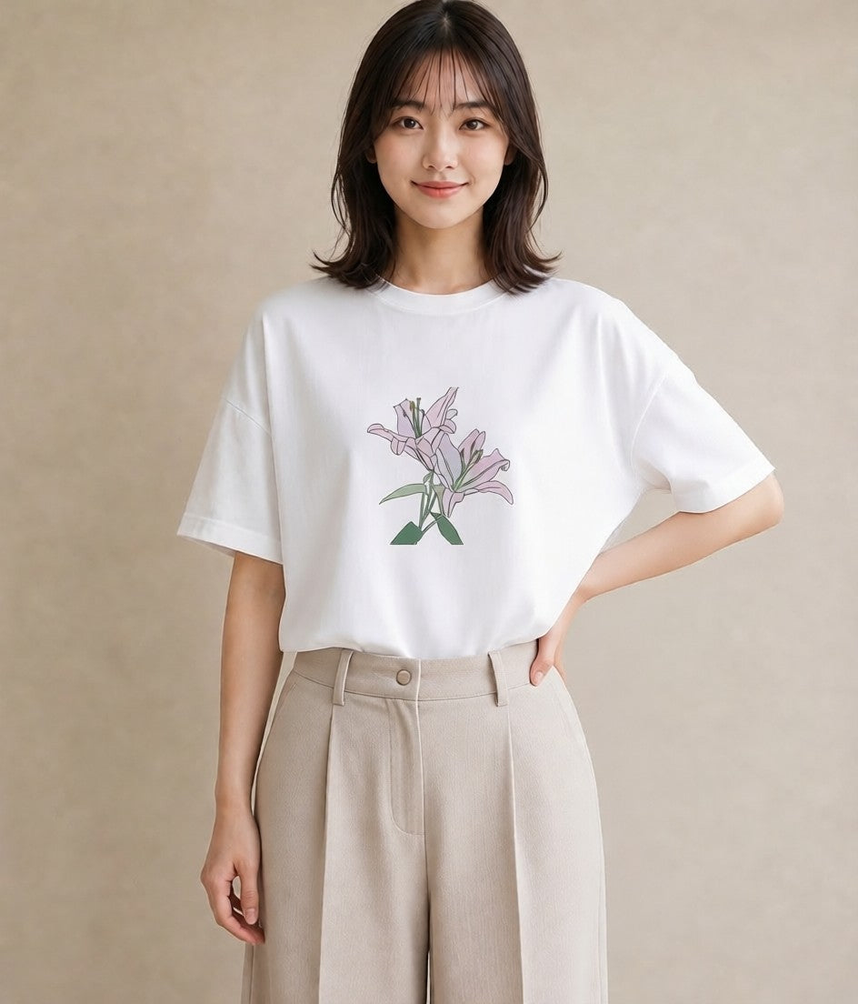 プリントTシャツ レディース ゆり 百合 花 花柄 イラスト 北欧風 旅行 母娘コーデ 白T YMAZO