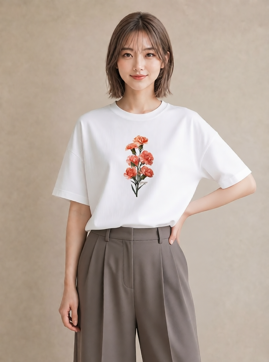 グラフィックTシャツ レディース カーネーション 花 花柄 イラスト 個性的 帰省 ラフ 白T YMAZO