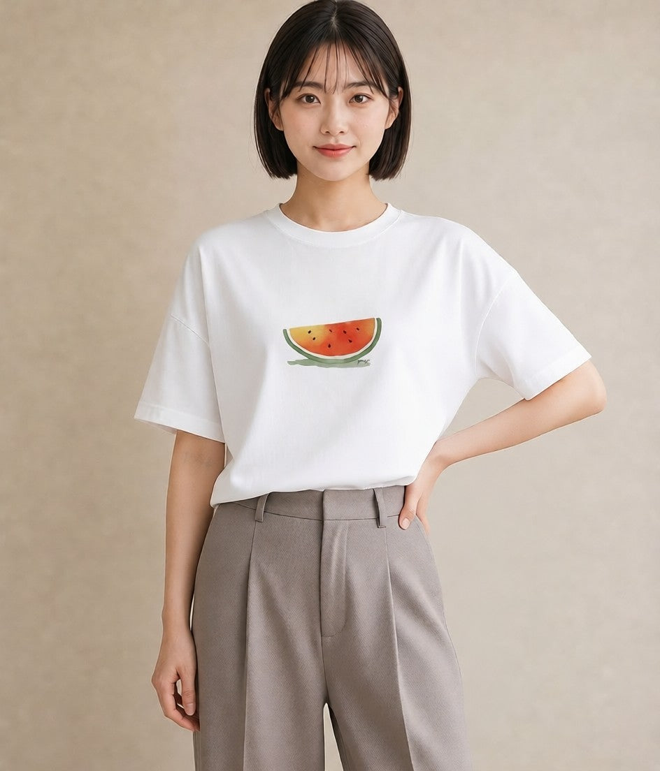 Tシャツ レディース すいか 食べ物 フード イラスト カジュアル 旅行 母娘コーデ 白T YMAZO