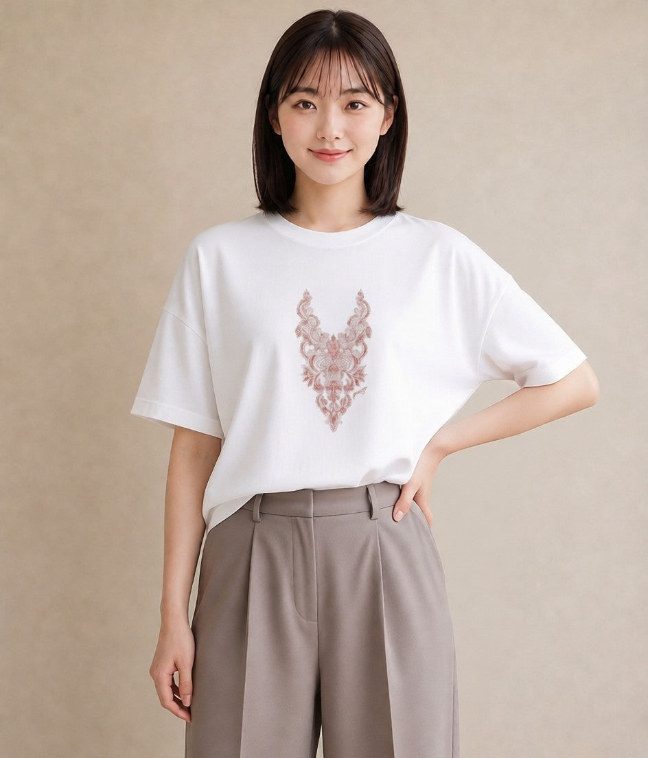 半袖Tシャツ レディース レースハンカチ レース ハンカチ ナチュラル アンティーク イラスト 上品 カフェ巡り 女子会 白T YMAZO