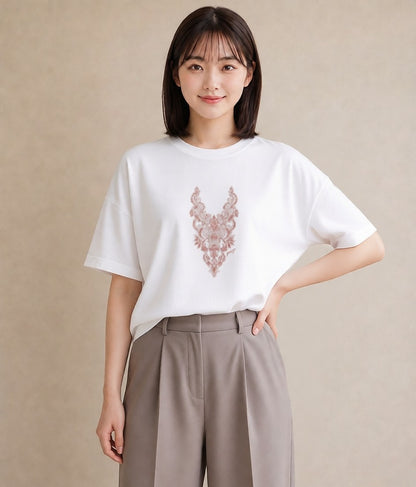 半袖Tシャツ レディース レースハンカチ レース ハンカチ ナチュラル アンティーク イラスト 上品 カフェ巡り 女子会 白T YMAZO