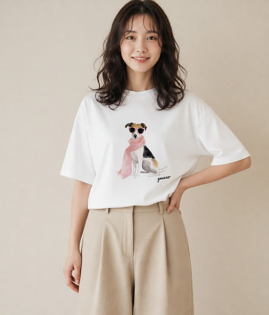 グラフィックTシャツ レディース いぬ 犬 ワンコ イラスト アート風 夏コーデ 通学 白T YMAZO