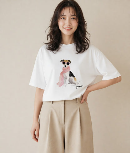 グラフィックTシャツ レディース いぬ 犬 ワンコ イラスト アート風 夏コーデ 通学 白T YMAZO