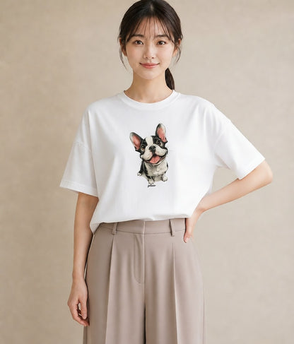 プリントTシャツ レディース フレンチブルドッグ フレブル 犬 いぬ イラスト 上品 ラフ レイヤード 白T YMAZO