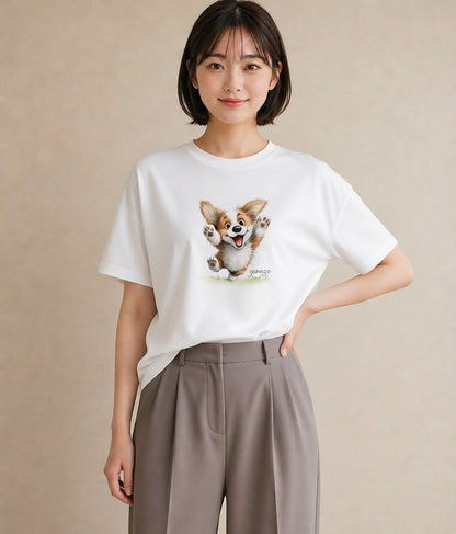 デザインTシャツ レディース ウェルシュコーギー コーギー 犬 いぬ イラスト お洒落 ペアコーデ 秋コーデ 白T YMAZO