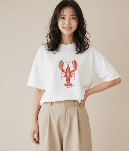半袖Tシャツ レディース カニ 海の生き物 海 イラスト シック お出かけ 普段着 白T YMAZO