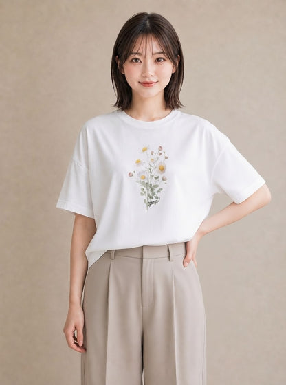 グラフィックTシャツ レディース マーガレット 花 花柄 イラスト きれいめ 公園 ママ 白T