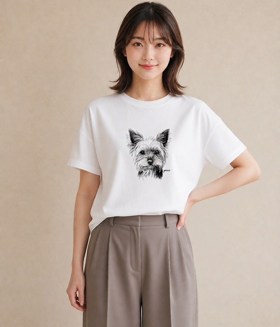 プリントTシャツ レディース ヨークシャーテリア 犬 いぬ イラスト ゆるかわ 誕生日プレゼント 綿100 白T YMAZO
