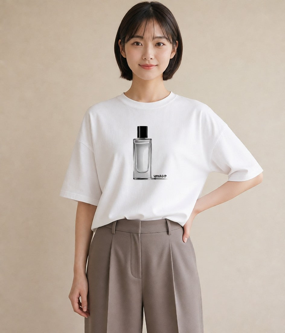 グラフィックTシャツ レディース 香水 香水瓶 パフューム イラスト モード 自分用 ルームウェア 白T YMAZO