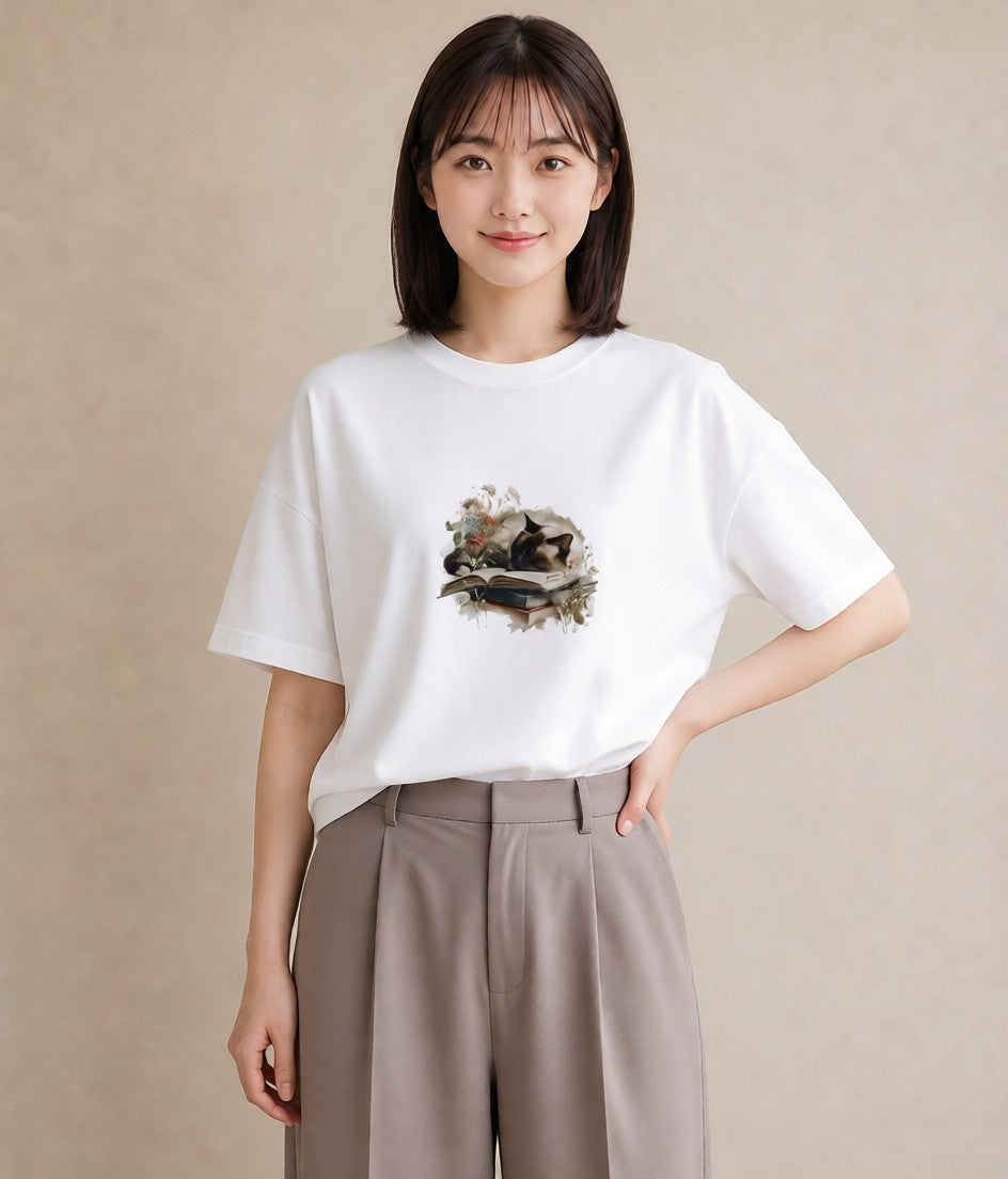 半袖Tシャツ レディース シャム柄 猫 ねこ イラスト モード 女子会 お揃い 白T YMAZO
