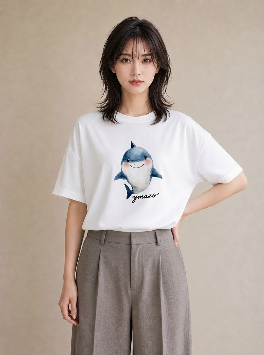 半袖Tシャツ レディース クジラ 海の生き物 海 イラスト きれいめ 買い物 夏コーデ 白T YMAZO