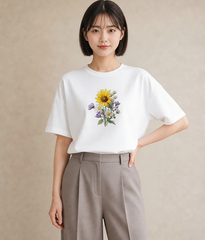 半袖Tシャツ レディース マーガレット 花 花柄 イラスト 送別ギフト 通勤 白T