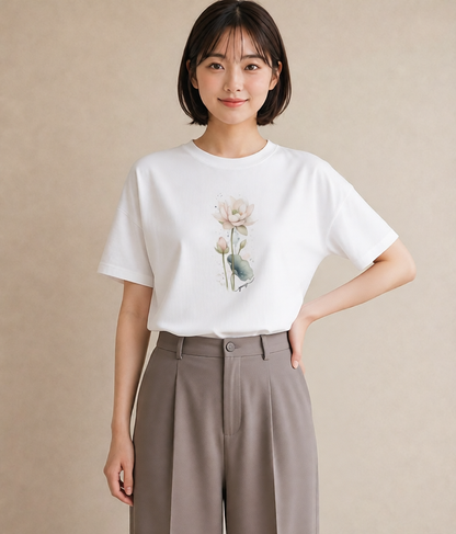 プリントTシャツ レディース ゆり 百合 花 花柄 イラスト ラフ 春服 ミセス 白T YMAZO
