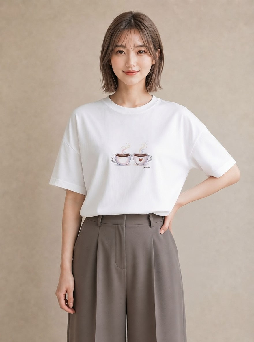 Tシャツ レディース コーヒー カフェ 珈琲 イラスト 上品 クリスマス 旅行 白T YMAZO