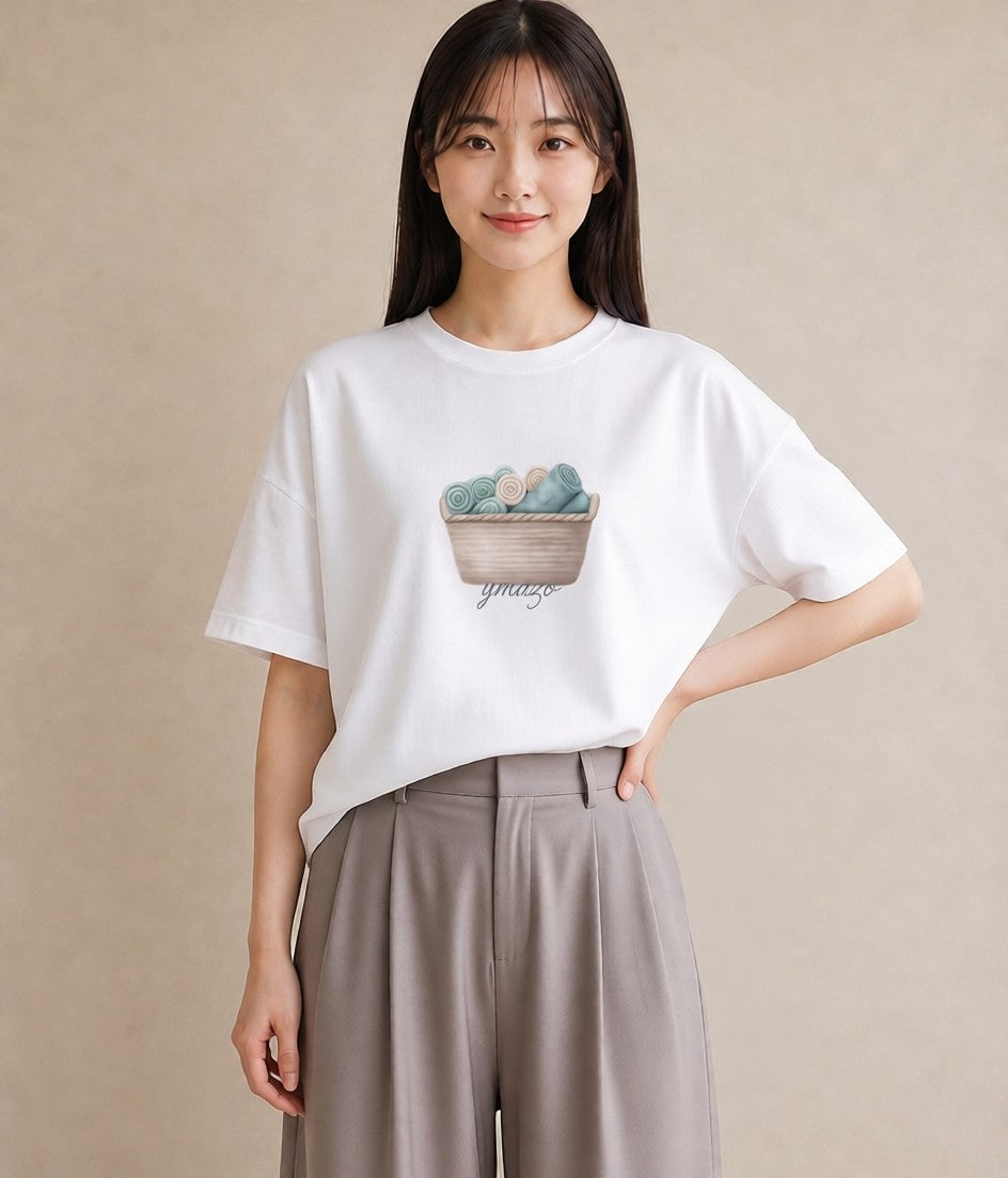 Tシャツ レディース 自転車のかご 自転車 花かご ナチュラル アンティーク イラスト 個性的 週末コーデ 敬老の日 白T YMAZO
