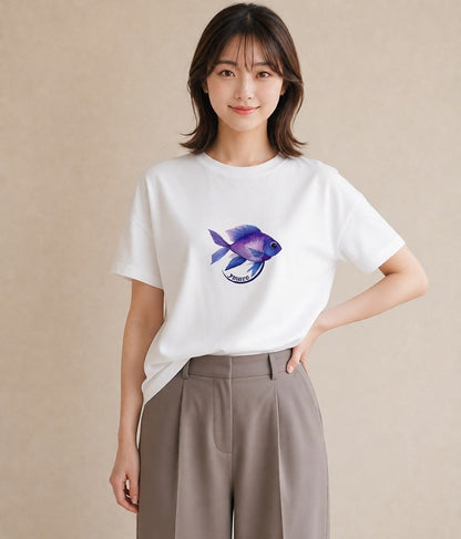 プリントTシャツ レディース グッピー ペット 動物 イラスト ゆるかわ 綿100 デート 白T YMAZO