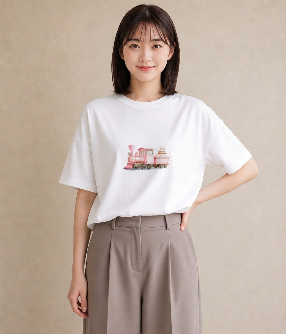 半袖Tシャツ レディース 駅のホーム ローカル線 駅 ナチュラル アンティーク イラスト 水彩風 女子会 お揃い 白T YMAZO
