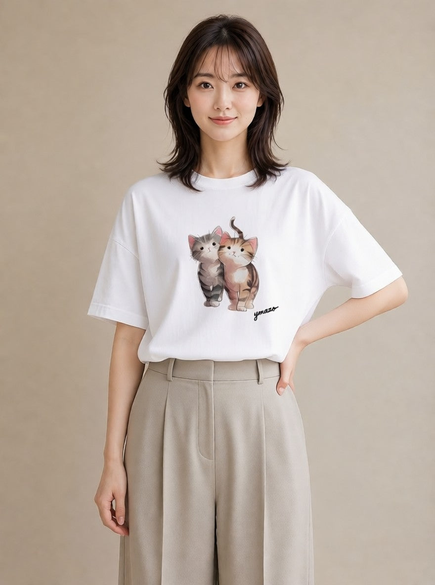 プリントTシャツ レディース ねこ 猫 ネコ イラスト 普段使い お出かけ 普段着 白T YMAZO
