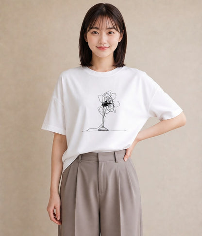 プリントTシャツ レディース 扇子 そよ風 ナチュラル アンティーク イラスト 女性向けギフト 散歩 白T YMAZO