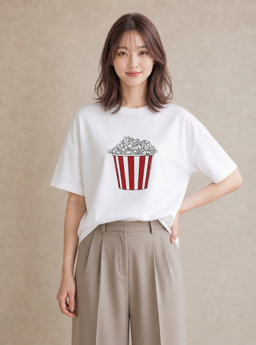 Tシャツ レディース ポップコーン 食べ物 フード イラスト 手描き風 女子会 お揃い 白T YMAZO