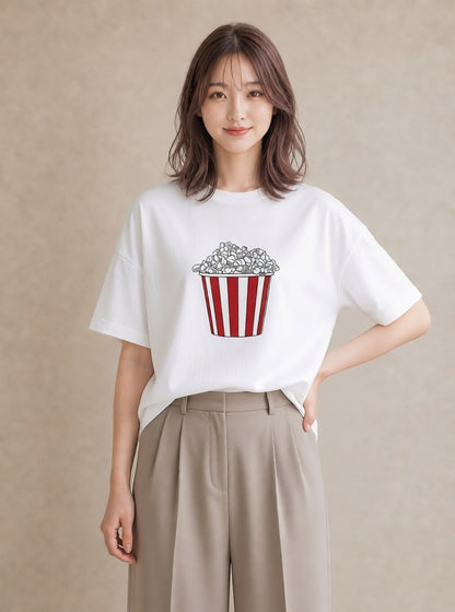 Tシャツ レディース ポップコーン 食べ物 フード イラスト 手描き風 女子会 お揃い 白T YMAZO