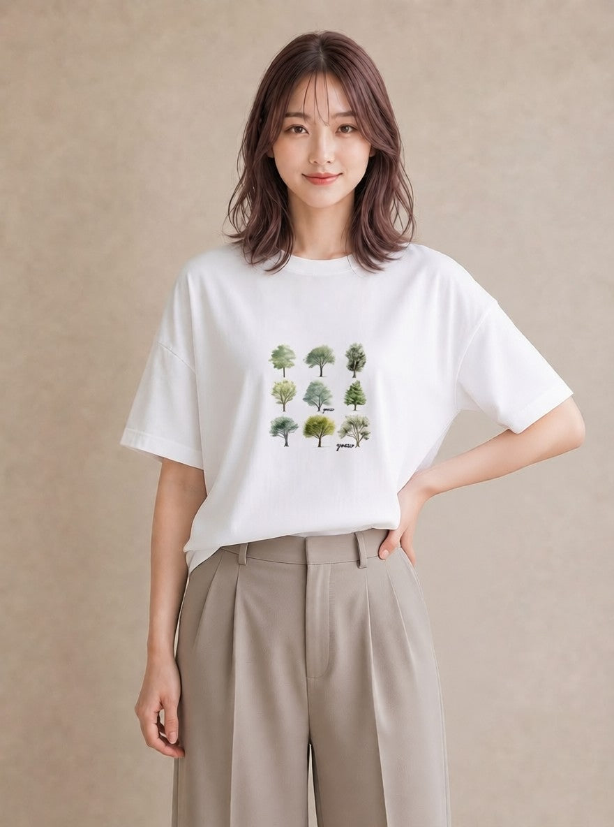 Tシャツ レディース 木 植物 ボタニカル イラスト カフェコーデ 在宅 公園 白T YMAZO