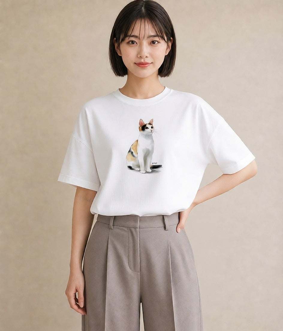 プリントTシャツ レディース キジトラ 猫 ねこ イラスト シック 通勤 在宅 白T YMAZO