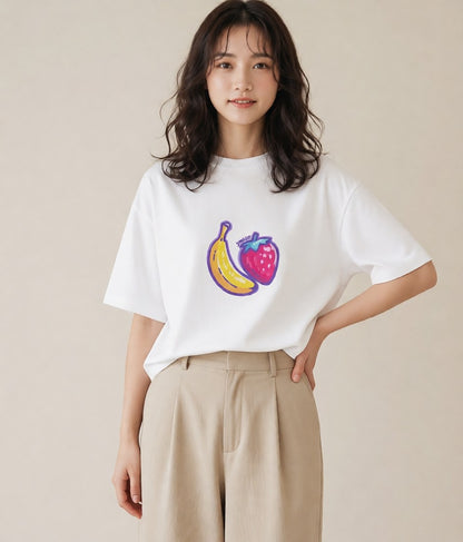 Tシャツ レディース バナナ 食べ物 フード イラスト 休日コーデ 公園 ママ 白T YMAZO