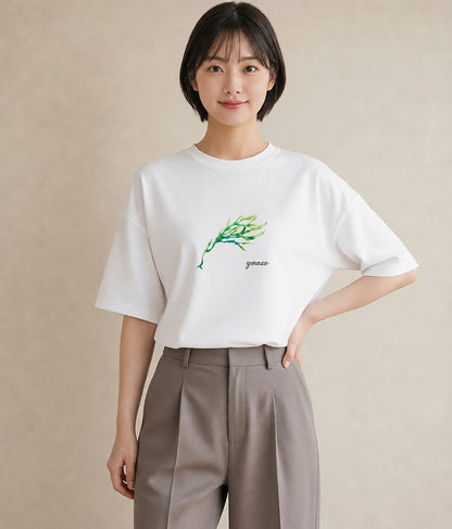 プリントTシャツ レディース 葉っぱ 植物 ボタニカル イラスト ラフカジュアル 普段着 週末コーデ 白T YMAZO