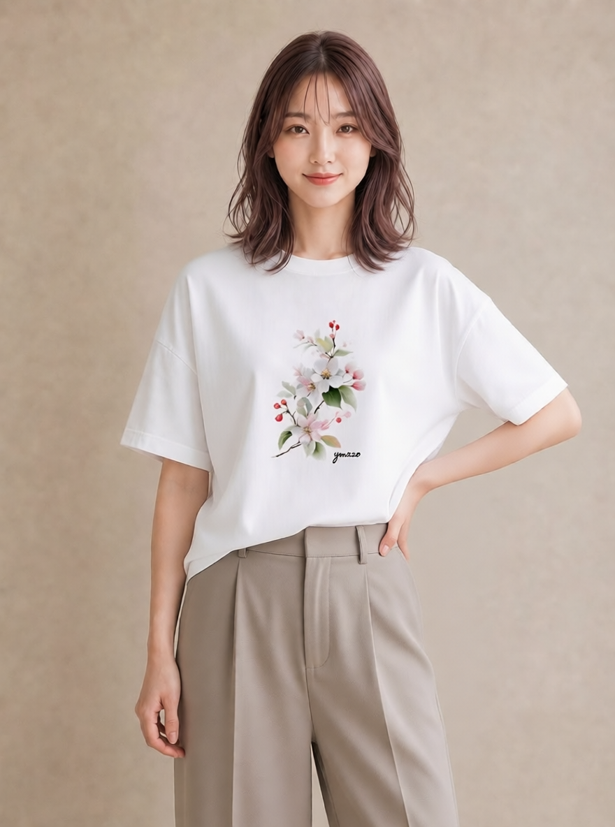 半袖Tシャツ レディース 梅 花 花柄 イラスト こなれ感 母娘コーデ 自分用 白T