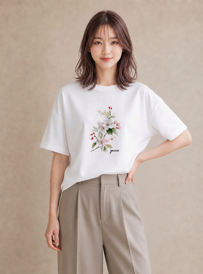 半袖Tシャツ レディース 梅 花 花柄 イラスト こなれ感 母娘コーデ 自分用 白T