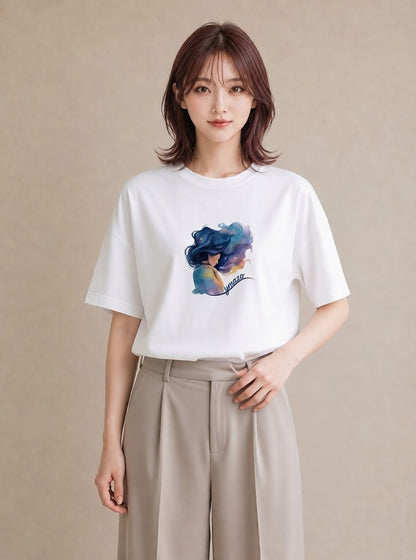 プリントTシャツ レディース 山羊座 星空 宇宙 イラスト カフェコーデ デート 帰省 白T YMAZO